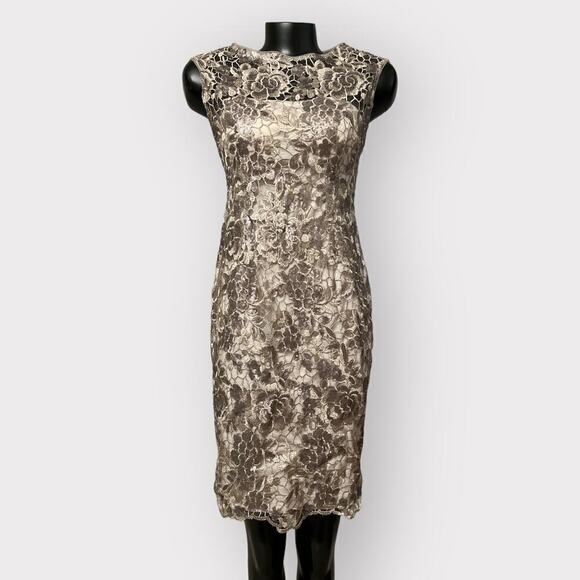 Adrianna Papell Formal Lace Sheath Dress Womens sz 2 Floral Sequin Golden Gown - Picture 1 of 14
